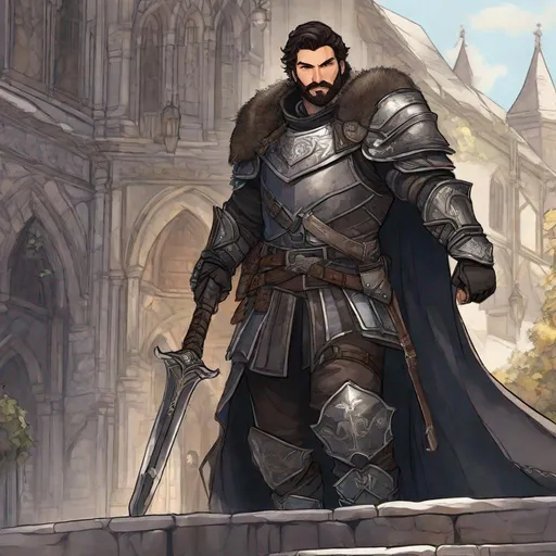 Prompt: (Full-body) A handsome hairy male paladin with dark hair and short beard, weapon in one hand, dark armor with natural details, chest hair, cloak, boots, dark street in a town, in a shaded painted style