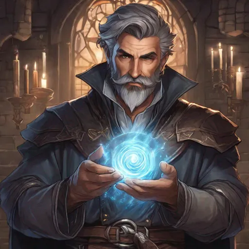 Prompt: (Full body) handsome older alchemist glowing eyes with short cut hair with grey streaks short beard, manly face, leather shirt, casting a magic spell, pathfinder, dungeons and dragons, in a dark back street, in a painted style, realistic