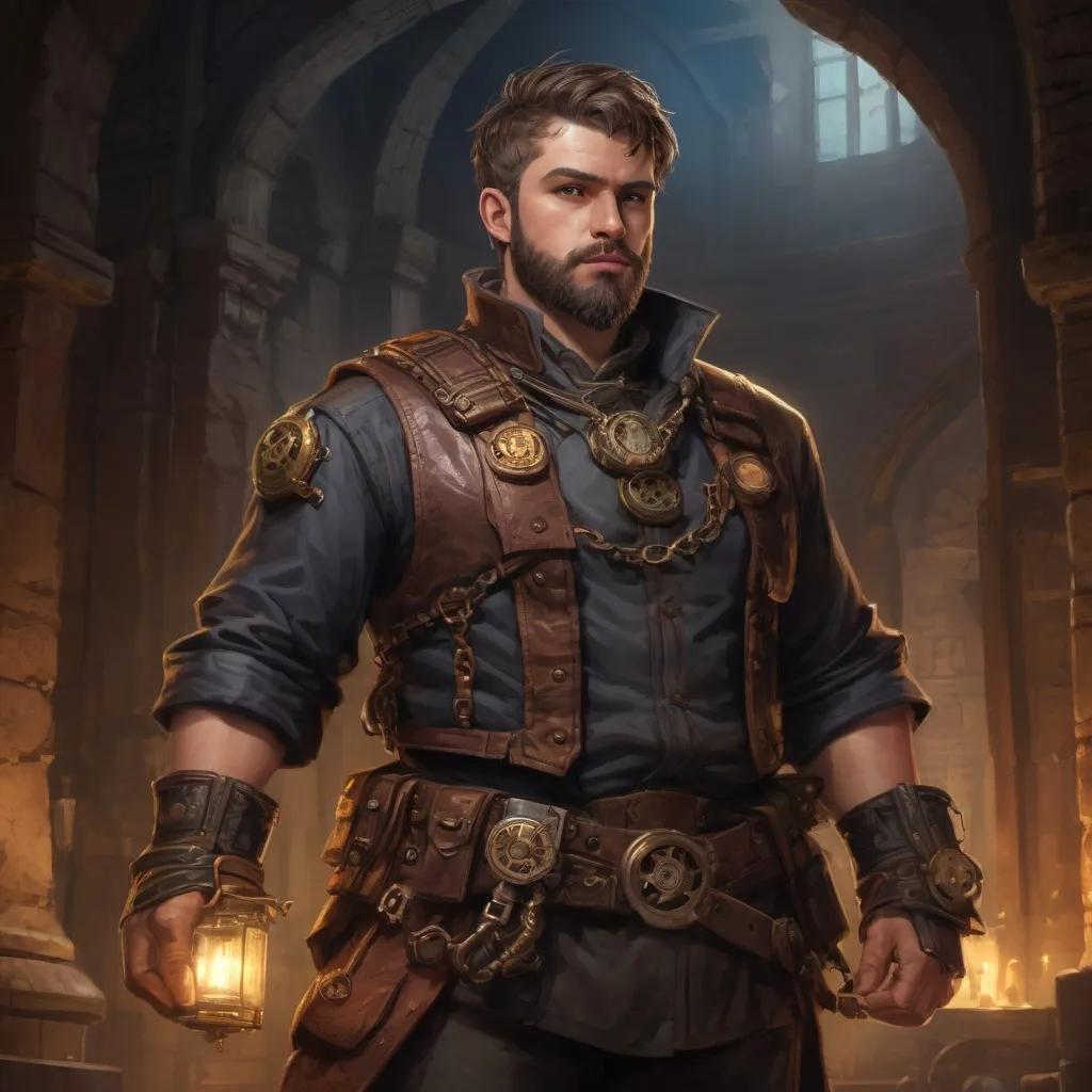 Prompt: Male stocky heavy-set steampunk engineer with short-cut hair and beard, big belly, inside a temple dungeon at night, pathfinder, d&d setting, in a realistic high quality digital art style, enhanced shadow quality