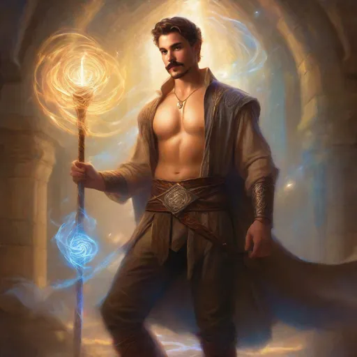 Prompt: (Full body) a male young wizard with mustache and stubble short hair, handsome manly face, belt, boots, no shirt hairy chest, holding magical staff swirly lights, standing in a otherwordly dimention, fantasy setting, dungeons & dragons, in a painted style realistic art