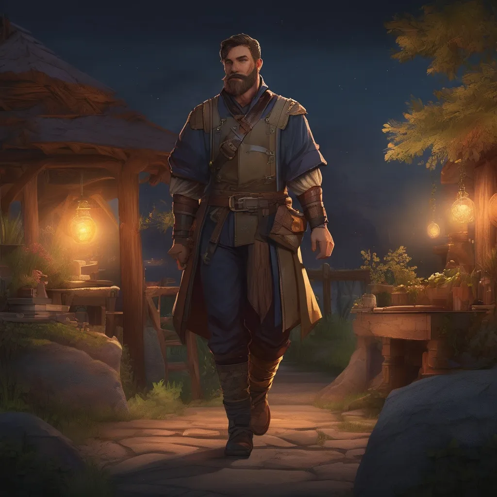 Prompt: (Full body) male stocky alchemist with short hair and beard, big arms, in nature at night, pathfinder, d&d setting, in a realistic digital art style