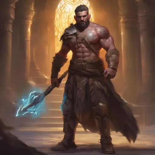 Prompt: (Full body) male stocky warrior with short-cut hair and beard, holding magical tree staff, in a dark temple dungeon, no shirt on,  big shoulderguards, pathfinder, d&d setting, in a realistic digital art style