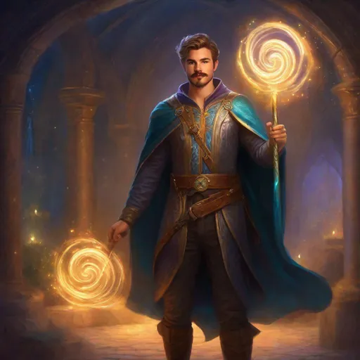 Prompt: (Full body) a male young wizard with mustache and stubble short hair, handsome manly face, belt, boots, hairy chest, holding magical staff swirly lights, standing in a otherwordly dimention, fantasy setting, dungeons & dragons, in a painted style realistic art
