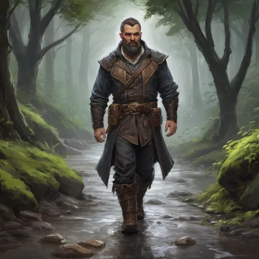 Prompt: (torso) Male stocky large fat beefy 37-year old enchanter with short-cut hair and beard, on a windy path by a forest in the rain, pathfinder, d&d setting, in a realistic high quality digital art style, enhanced shadow quality, colorful