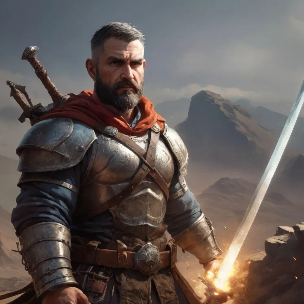 Prompt: Male stocky heavy-set mature muscular guardian with short-cut hair and beard, on a battlefield, in combat, holding a sword, pathfinder, d&d setting, realistic, enhanced shadow quality
