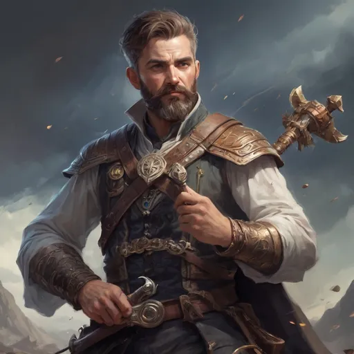 Prompt: Male heavy-set mature fit bard with short-cut hair and beard, holding an magical instrument, in a windy battlefield, pathfinder, d&d setting, enhanced shadow quality