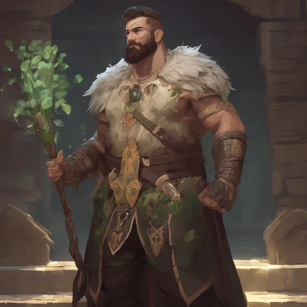 Prompt: (Full body) male stocky druid with short-cut hair and beard, holding magical tree staff, in a dark temple dungeon, no shirt on, leaf-shoulderguards, cloak, heavy belt, pathfinder, d&d setting, in a realistic digital art style