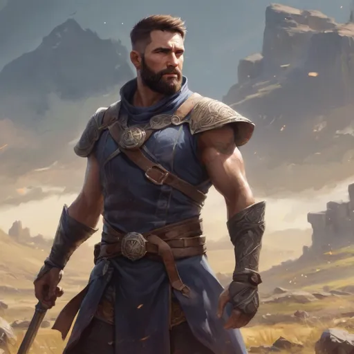 Prompt: (head and torso) Male heavy-set fit 30-year old hunky druid with short-cut hair and beard, holding magic-spell, in a windy battlefield, pathfinder, d&d setting, enhanced shadow quality