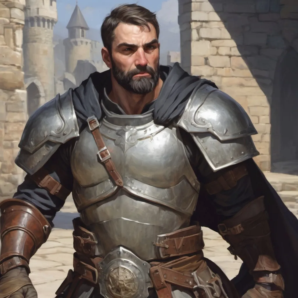 Prompt: Male heavy-set mature fit muscular large crusader with short-cut hair and beard, in a windy castleground, pathfinder, d&d setting, enhanced shadow quality