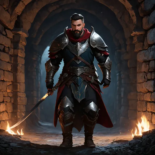 Prompt: (Full body) male warrior with short hair and beard, exploring a dark fantasy dungeon, pathfinder, d&d setting, in a detailed digital art style