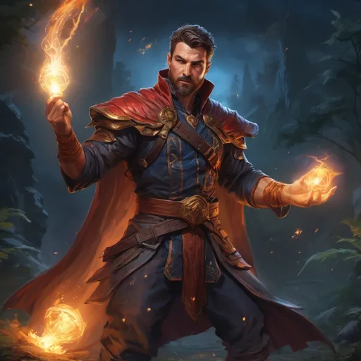 Prompt: Male stocky large mature muscular sorcerer with short-cut hair and beard, in combat casting a magic-ray out of hands in nature at night, pathfinder, d&d setting, in a realistic high quality digital art style, enhanced shadow quality, colorful