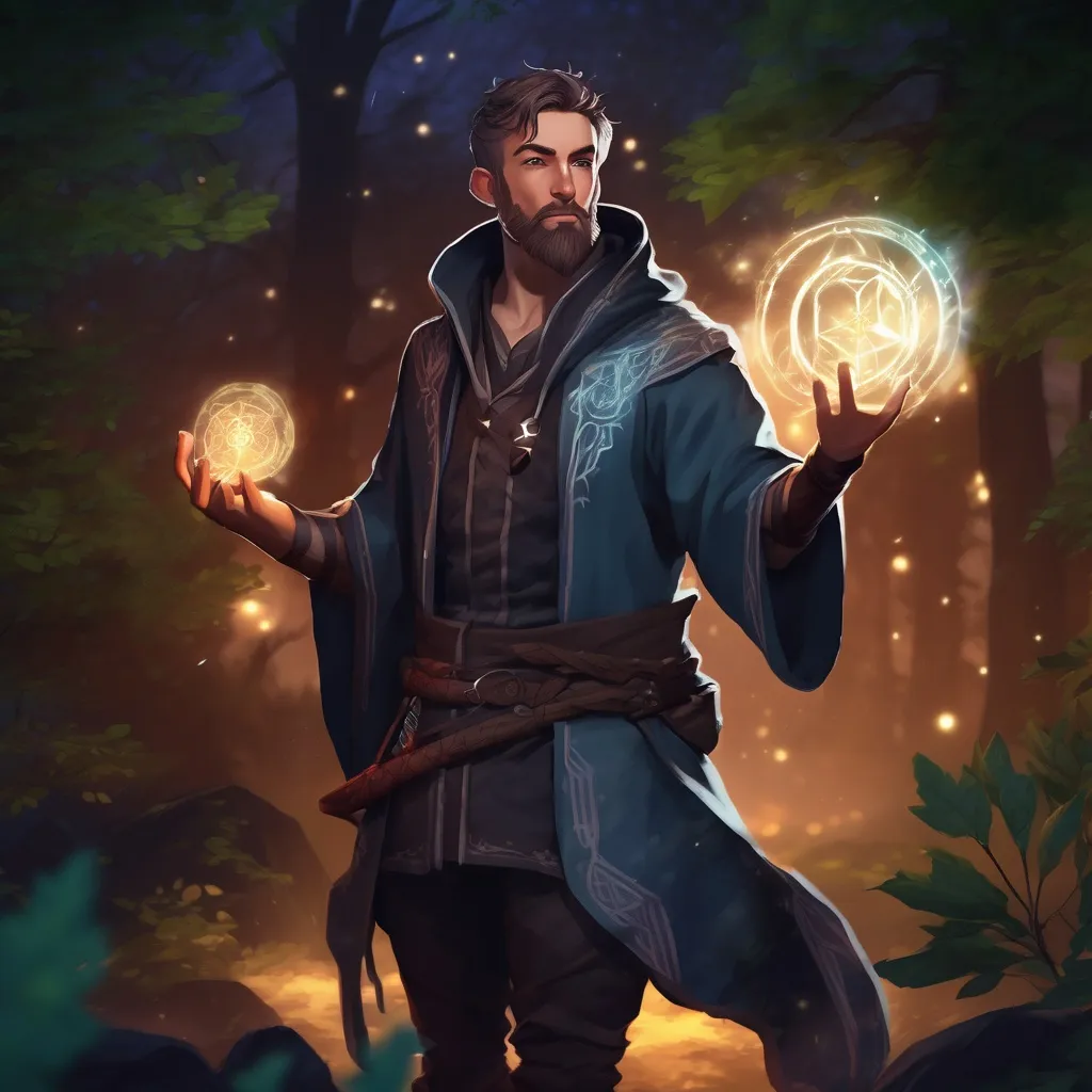 Prompt: (Full body) male magical summoner with short hair and beard, in nature at night, pathfinder, d&d setting, in a realistic digital art style