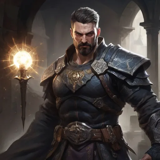 Prompt: (Torso) Male stocky large muscular 39-year old summoner with short-cut hair and beard, engaged in combat casting a light-spell inside of a dark dungeon, pathfinder, d&d setting, realistic, enhanced shadow quality, colorful