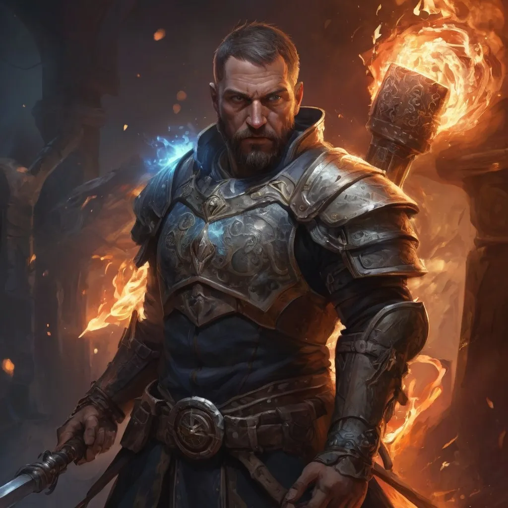 Prompt: (torso) Male stocky large 38-year old battle-mage with short hair and beard, engaged in combat casting an magical shield-spell, villiage under siege at night, in movement, pathfinder, d&d setting, realistic, enhanced shadow quality, colorful