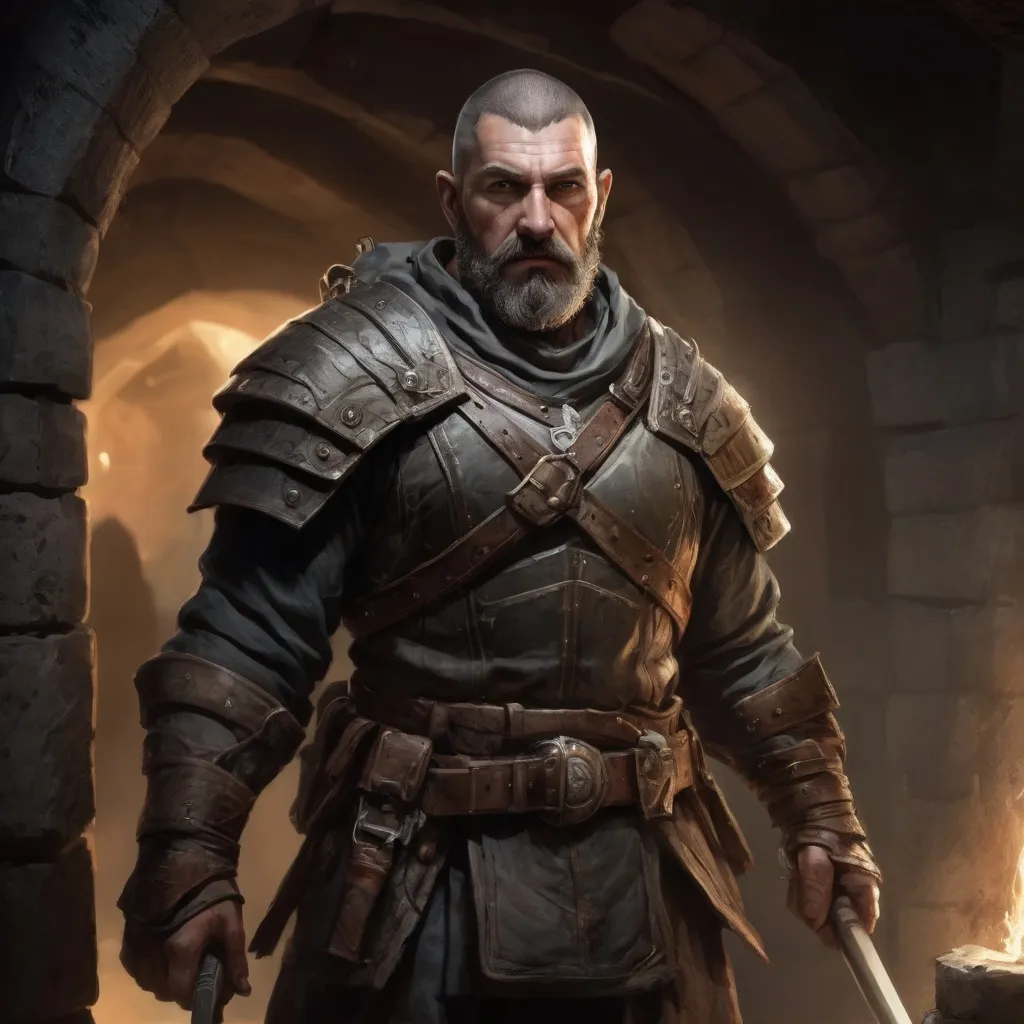 Prompt: Male stocky large mature warrior with short-cut hair and beard, exploring a dark cellar, pathfinder, d&d setting, realistic, enhanced shadow quality