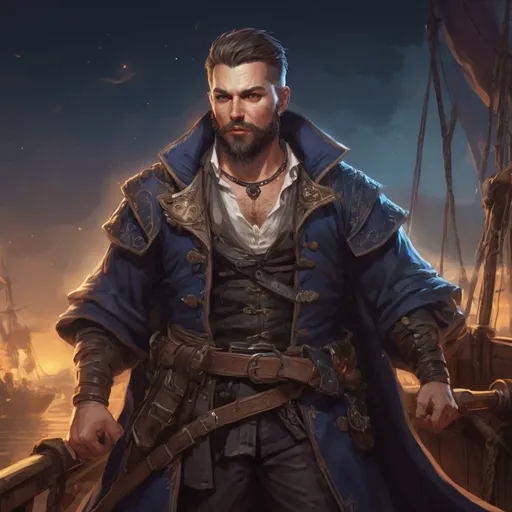 Prompt: (Full body) male stocky heavy-set pirate mage with short hair and beard, on a ship by land at night, pathfinder, d&d setting, in a realistic high quality digital art style