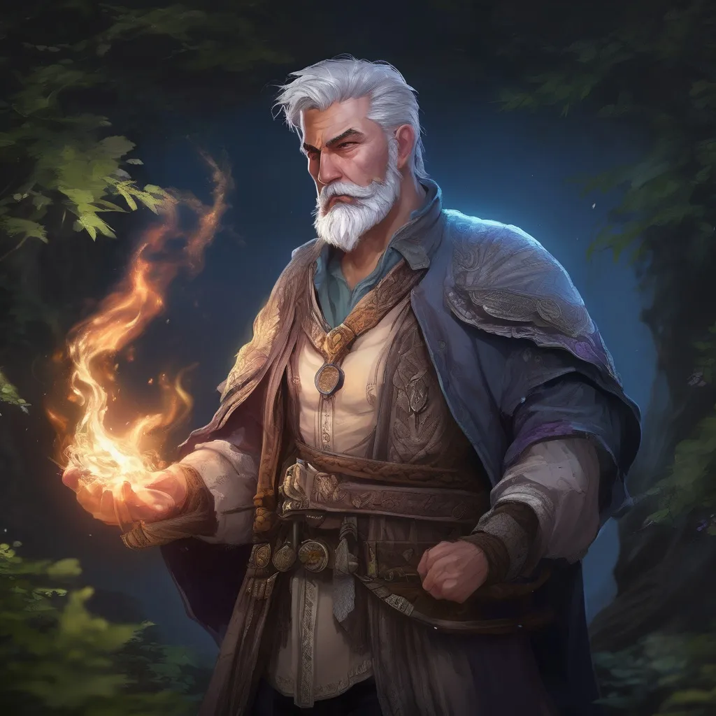 Prompt: (Full body) male stocky young big-chested sorcerer with striped short hair and grey beard, casting swirly bright spell, in nature at night, pathfinder, d&d setting, in a realistic digital art style