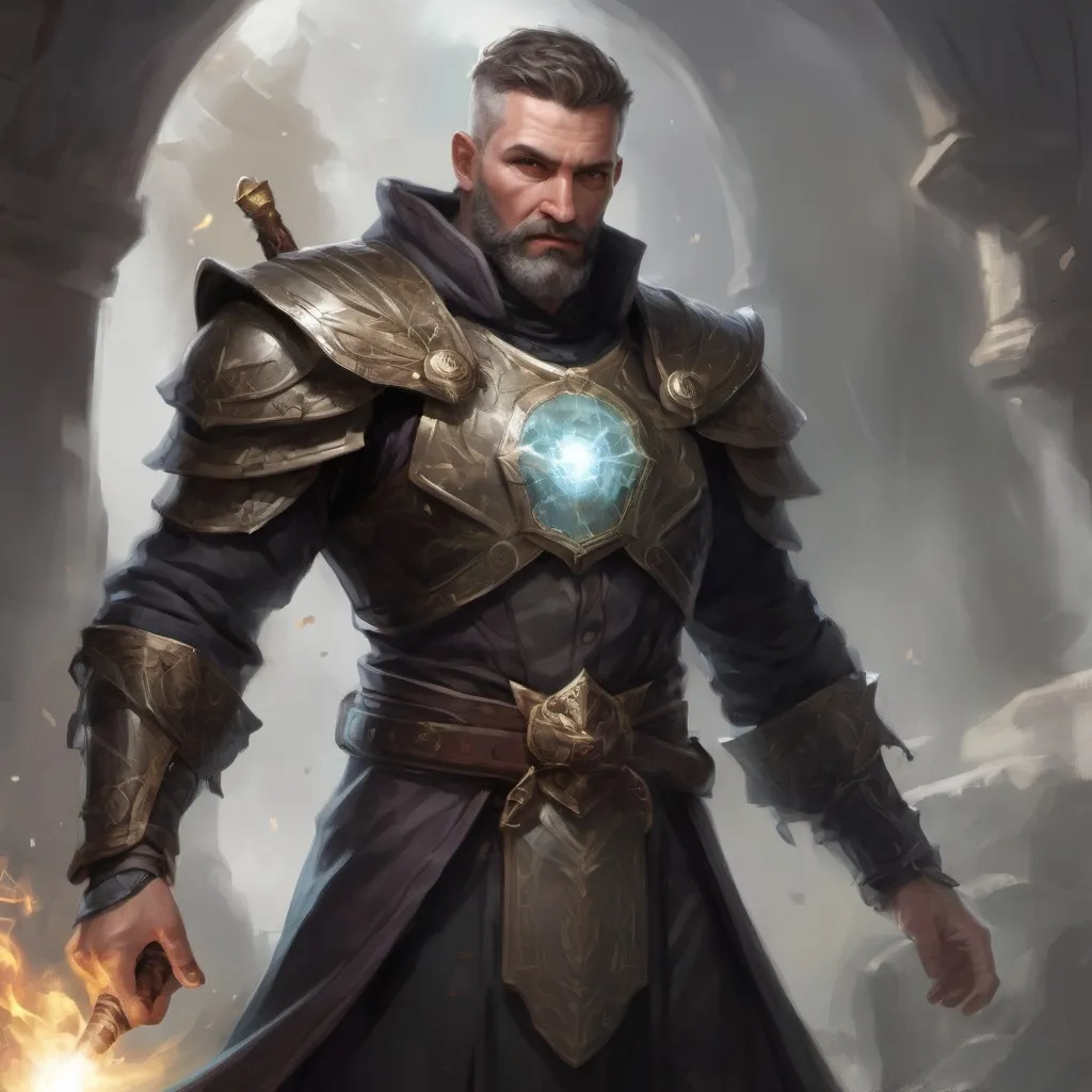 Prompt: (torso) Male stocky large mature fit battle-mage with short-cut hair and beard, engaged in combat casting a light-spell  nature, pathfinder, d&d setting, realistic, enhanced shadow quality