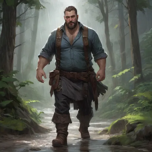 Prompt: (torso) two Male stocky large fat beefy 37-year old enchanter with short-cut hair and beard, open shirt hairy chest, falling in love, holding hands, on a windy path by a forest in the rain, pathfinder, d&d setting, in a realistic high quality digital art style, enhanced shadow quality, colorful