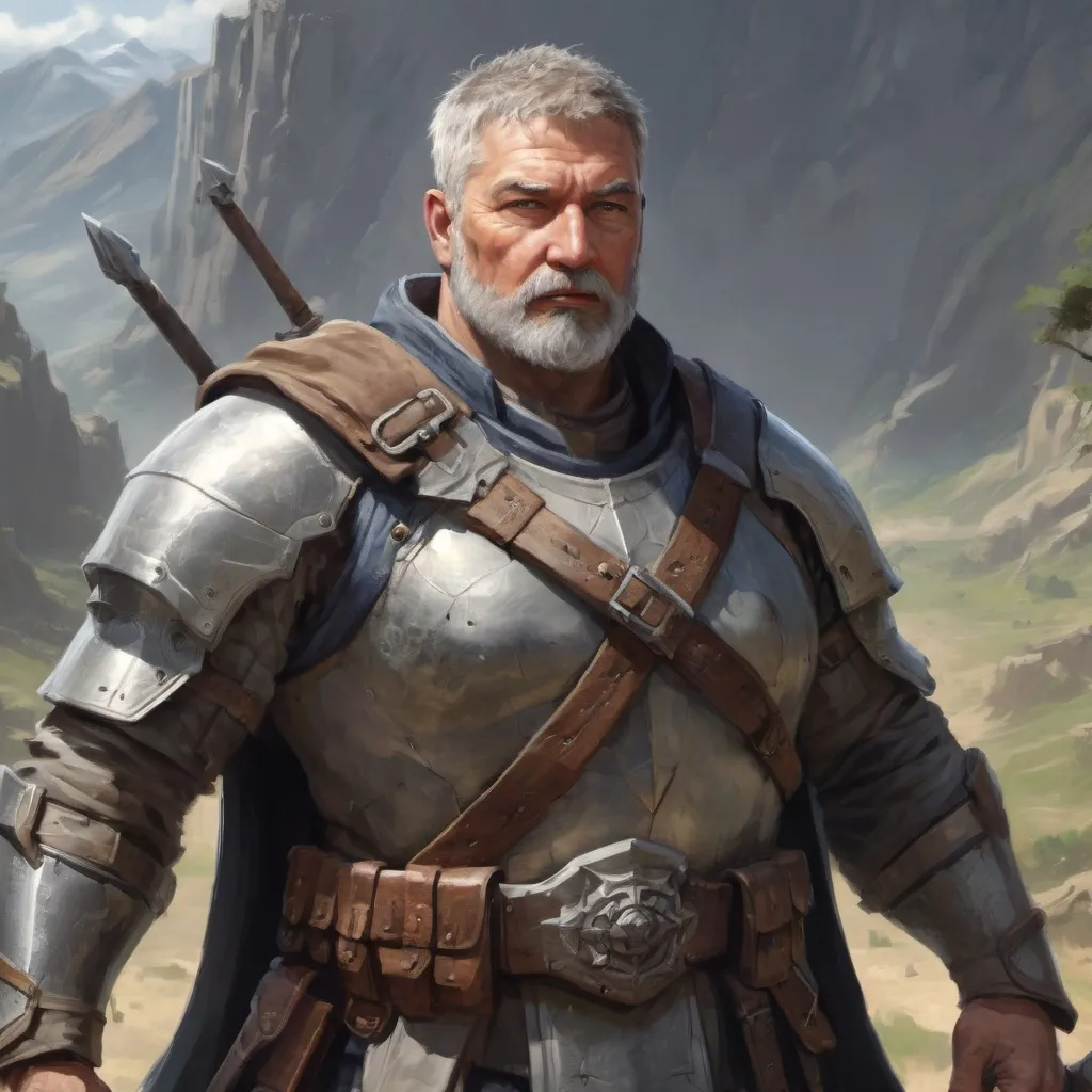 Prompt: (torso) Male stocky large fat beefy 58-year old knight with short-cut hair and beard, open shirt hairy chest, in combat holding a weapon hand in a windy valley, pathfinder, d&d setting, in a realistic high quality digital art style, enhanced shadow quality