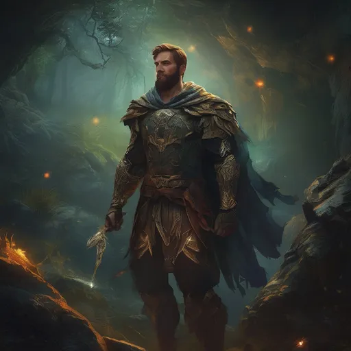 Prompt: (Full body) male handsome large muscular magical commander with short hair and beard, outside of a cave by a forest at night, pathfinder, d&d setting, in a realistic high quality digital art style