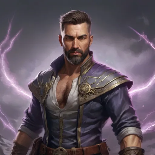 Prompt: (torso) Male stocky large 42-year old summoner with short-cut hair and beard, open shirt hairy chest, in combat casting a magic-ray out of hands in a windy path, pathfinder, d&d setting, in a realistic high quality digital art style, enhanced shadow quality, colorful