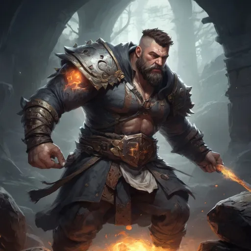 Prompt: Male stocky large muscular fat fantasy-druid with short-cut hair and beard, engaged in combat casting a white-light spell inside of a dark dungeon, pathfinder, d&d setting, in a realistic high quality digital art style, enhanced shadow quality, colorful