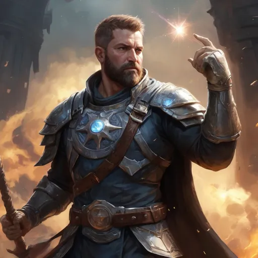 Prompt: (torso) Male stocky large 38-year old fit battle-cleric with short-cut hair and beard, engaged in combat casting an astral star-spell in nature, pathfinder, d&d setting, enhanced shadow quality