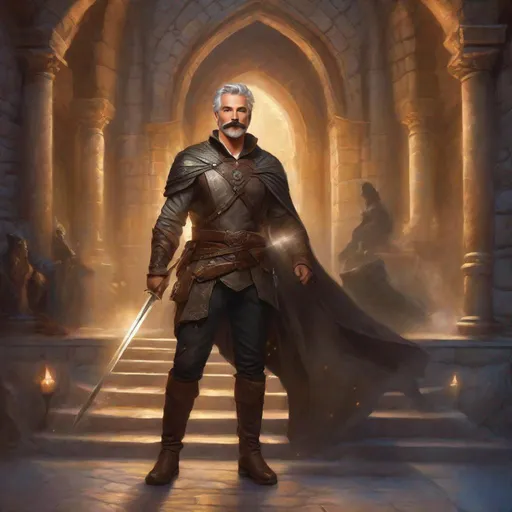 Prompt: (Full body) a male rogue with mustache and stubble short-cut grey hair, handsome manly face, belt, boots, revealing clothing, hairy chest, holding magical dagger, swirly lights, standing in a otherwordly dimention, fantasy setting, dungeons & dragons, in a painted style realistic art