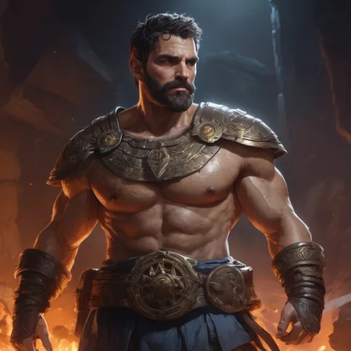 Prompt: Male stocky large mature greek fighter with short-cut hair and beard, exploring a dark astral dungeon, pathfinder, d&d setting, in a realistic high quality digital art style, enhanced shadow quality, colorful