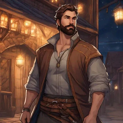 Prompt: (Full body) male fighter with short brown hair and beard, detailed manly face, pathfinder, dungeons and dragons, standing outside of a small town at night, in a  realistic painted style
