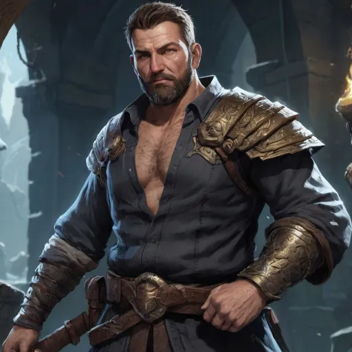 Prompt: (torso) Male stocky large fat 39-year old battle-mage with short-cut hair and beard, open shirt hairy chest, engaged in combat casting an arcane-spell inside of a dark dungeon, in movement, pathfinder, d&d setting, realistic, enhanced shadow quality, colorful