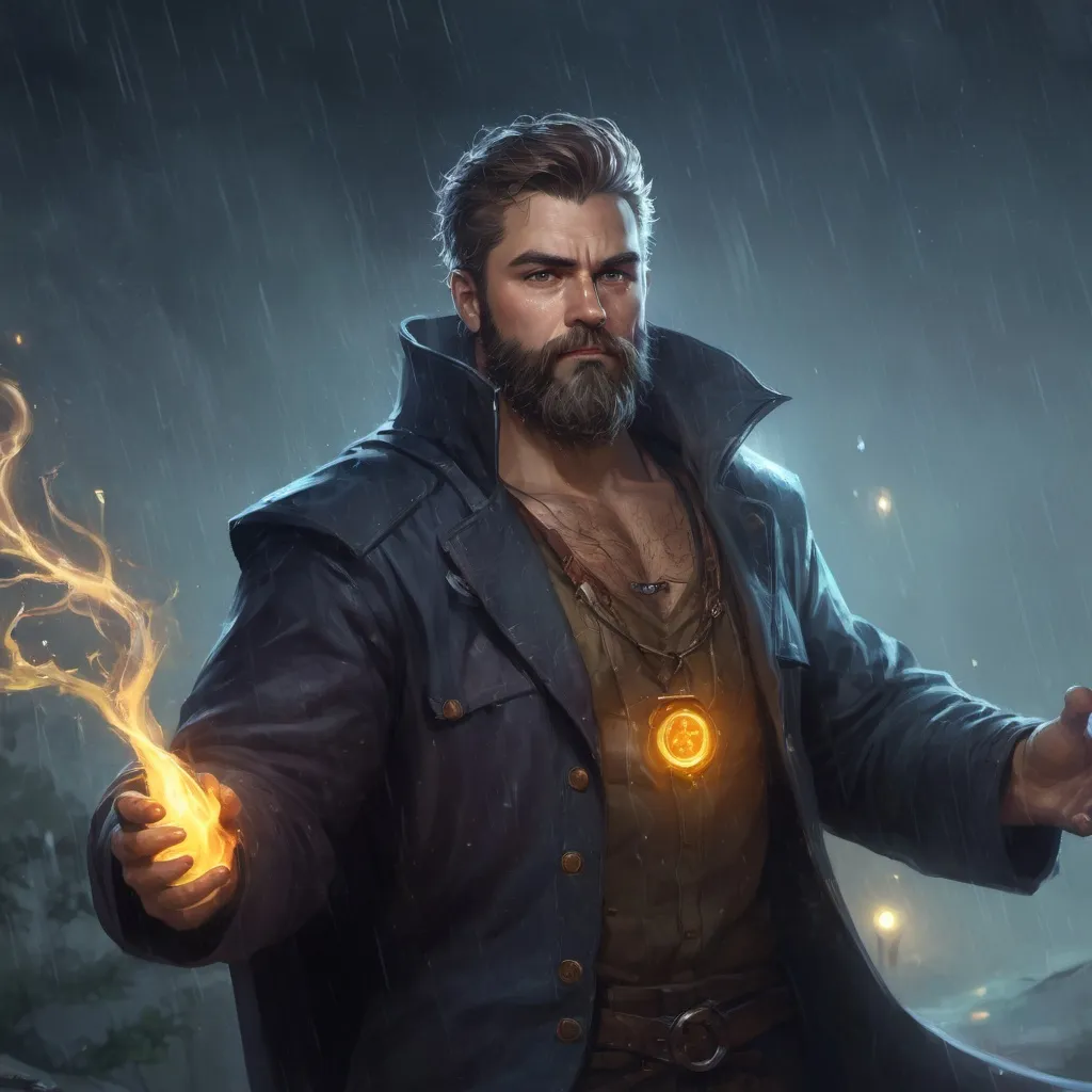 Prompt: (Full body) male stocky heavy-set 
transmuter with short hair and beard, hairy chest, casting swirly bright spell, in rainy nature at night, pathfinder, d&d setting, in a realistic high quality digital art style