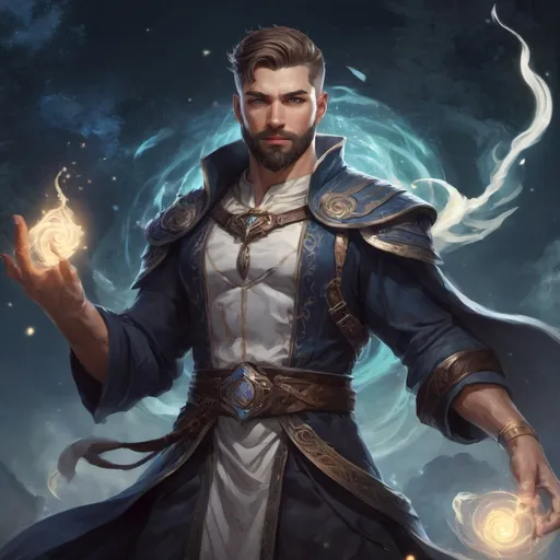 Prompt: (Full body) male stocky young muscular cleric with short-cut hair and a beard, casting a swirly astral-spell, in nature at night pathfinder, d&d setting, in a realistic digital art style