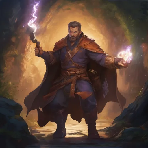 Prompt: (Full body) male stocky handsome beefy battle-mage with short-cut hair and beard, casting a swirly magic spell, in a forest cave at night pathfinder, d&d setting, in a realistic high quality digital art style