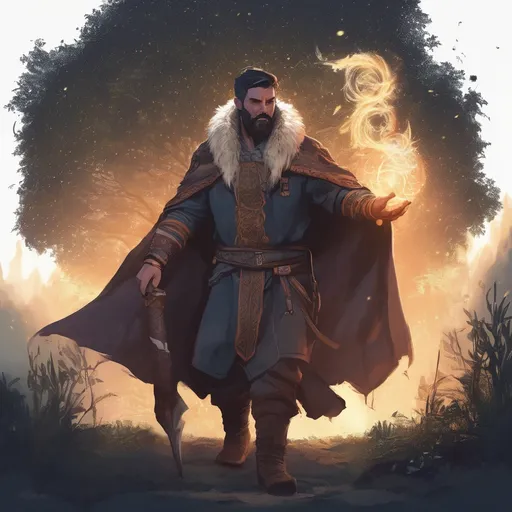 Prompt: (Full body) male stocky large magical druid with short-cut hair and beard, casting a magical healing spell, in nature in the dark, cloak, pathfinder, d&d setting, in a realistic digital art style