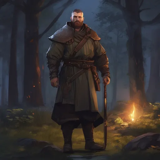 Prompt: (Full body) male stocky russian inquisitor with short hair and beard, big arms, in nature at night, pathfinder, d&d setting, in a realistic digital art style