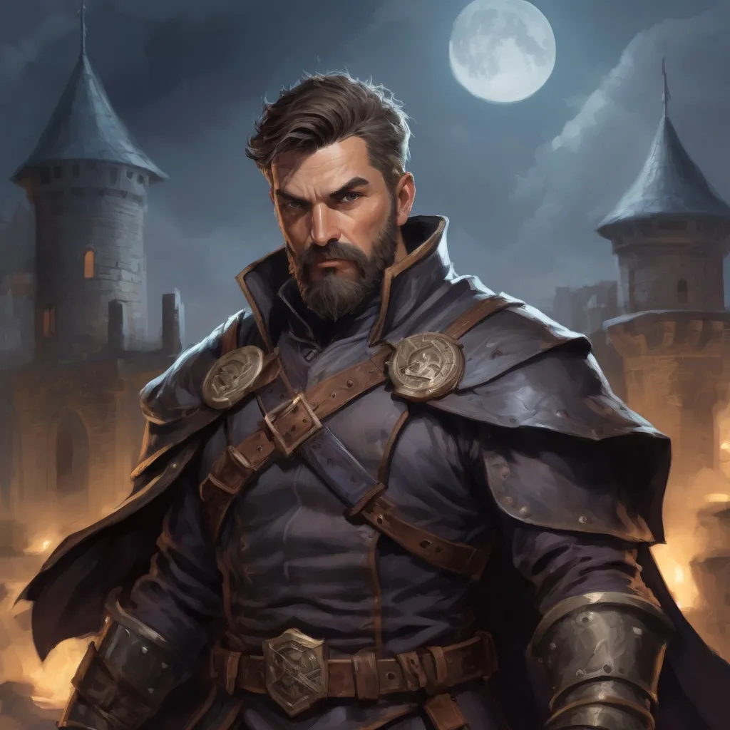 Prompt: Male heavy-set mature fit muscular large sorcerer with short-cut hair and beard, in a windy castleground at night, pathfinder, d&d setting, enhanced shadow quality