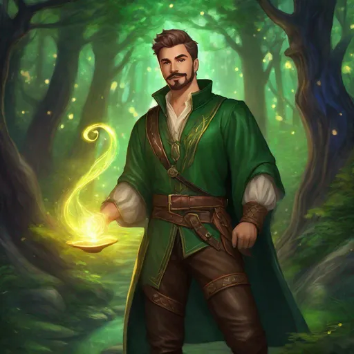 Prompt: (Full body) A male green mage with short cut hair with a mustache and stubble manly face, pathfinger, magic swirl, leather pants, holding magic, dungeons and dragons, brown boots, fantasy setting, standing in a forest glade at night, in a painted style realistic art