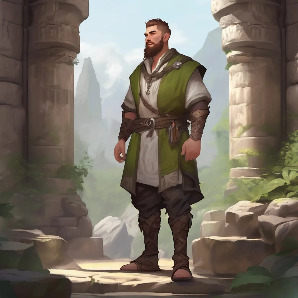 Prompt: (Full body) male stocky nature-mage with short hair and beard, in a temple ruin, pathfinder, d&d setting, in a realistic digital art style