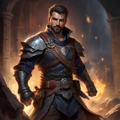 Prompt: (torso) Male stocky large albanian handsome battle-mage with short-cut hair and beard, engaged in combat casting an arcane-spell inside of a dark dungeon, in movement, pathfinder, d&d setting, realistic, enhanced shadow quality, colorful