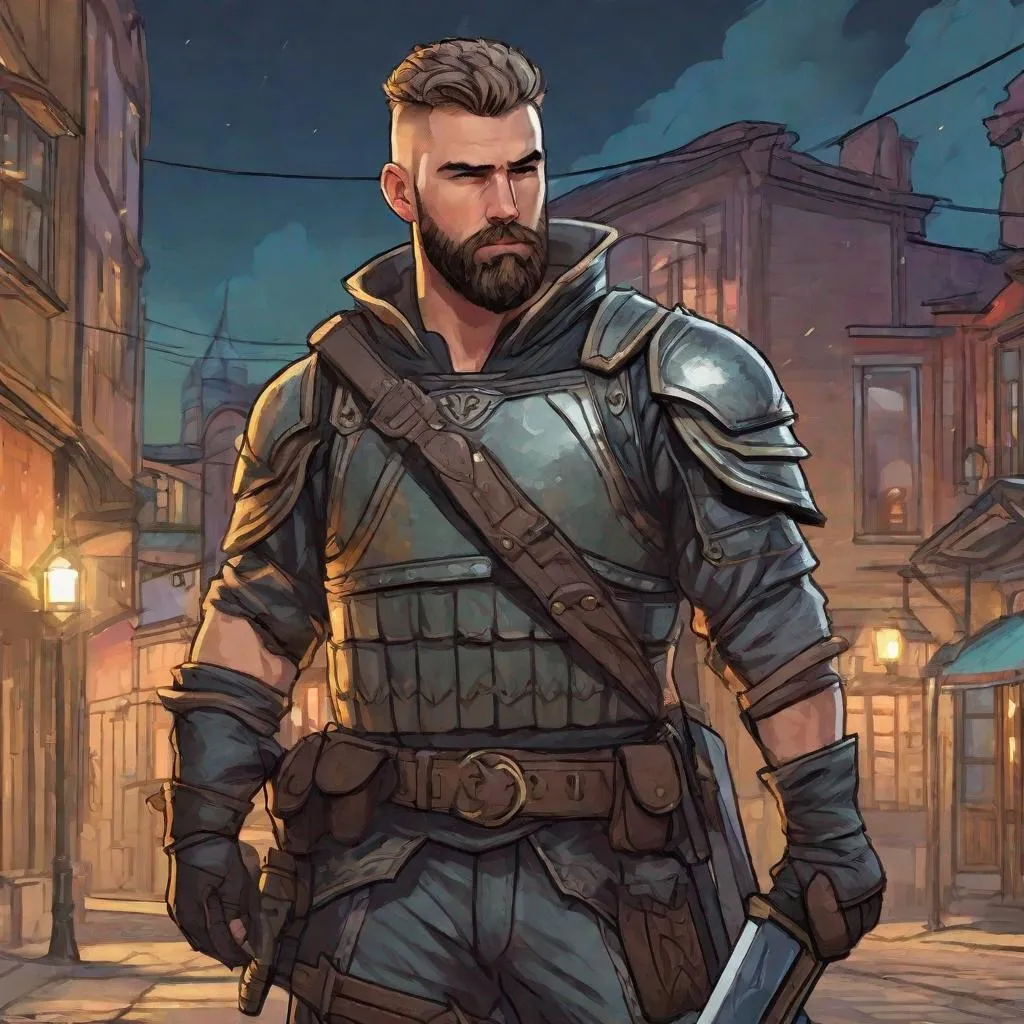 Prompt: (Full body) a ranger with short hair and short beard travis kelce, salt and pepper hair, armor, hairy chest, holding simple weapon, town street at evening, in a painted style