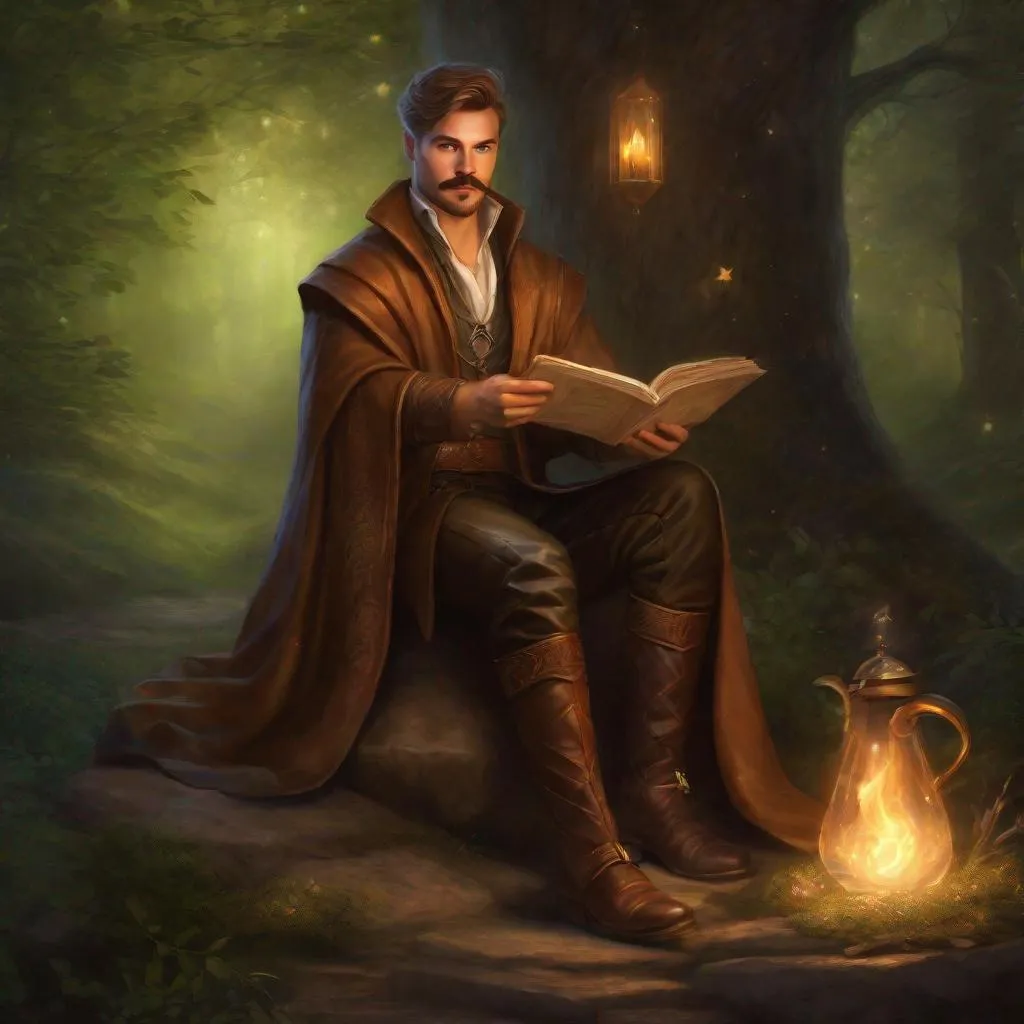 Prompt: (Full body) A male mage with short cut hair with a mustache and stubble manly face, pathfinger, magic swirl, leather pants, holding magic , dungeons and dragons, brown boots, fantasy setting, in a forest glade at night, in a painted style realistic art