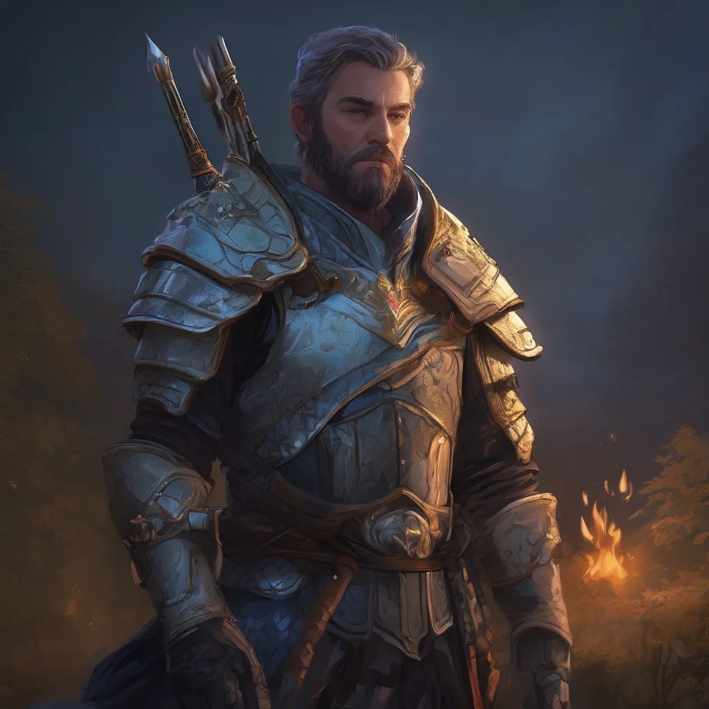 Prompt: (Full body) male stocky big-chested noble dragoon with striped short hair and beard, in nature at night, pathfinder, d&d setting, in a realistic digital art style