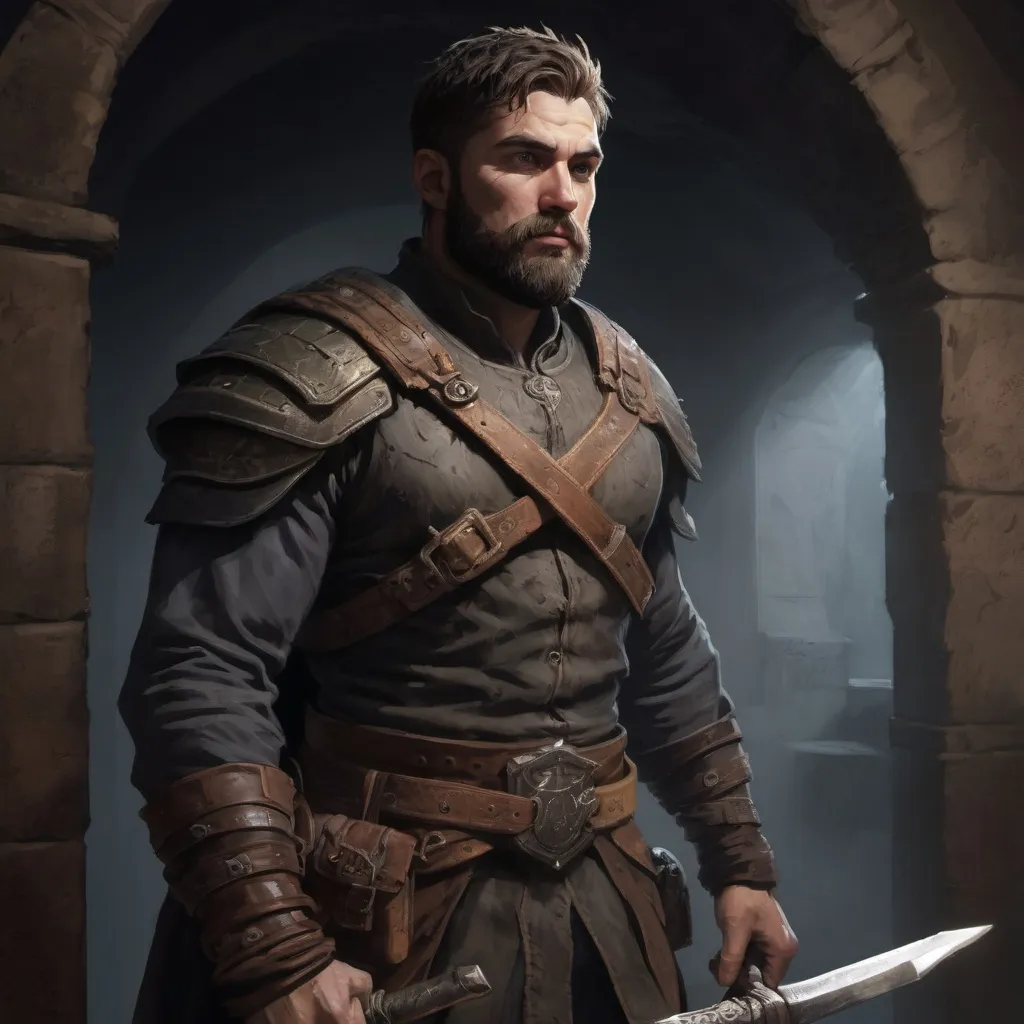 Prompt: Male stocky large muscular bandit with short-cut hair and beard, exploring a dark trasure room, pathfinder, d&d setting, realistic, enhanced shadow quality
