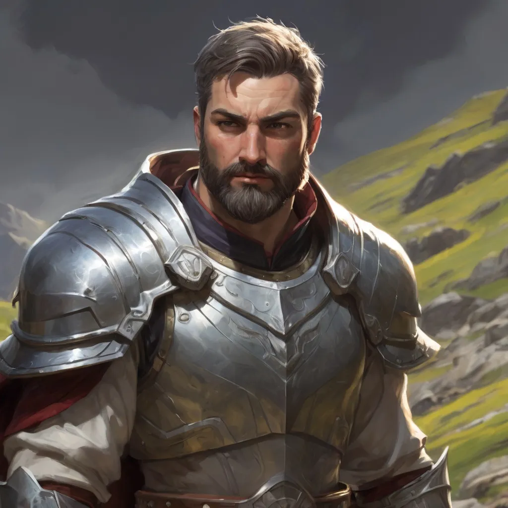 Prompt: Male heavy-set mature holy-paladin with short-cut hair and beard, in a windy valley, pathfinder, d&d setting, enhanced shadow quality