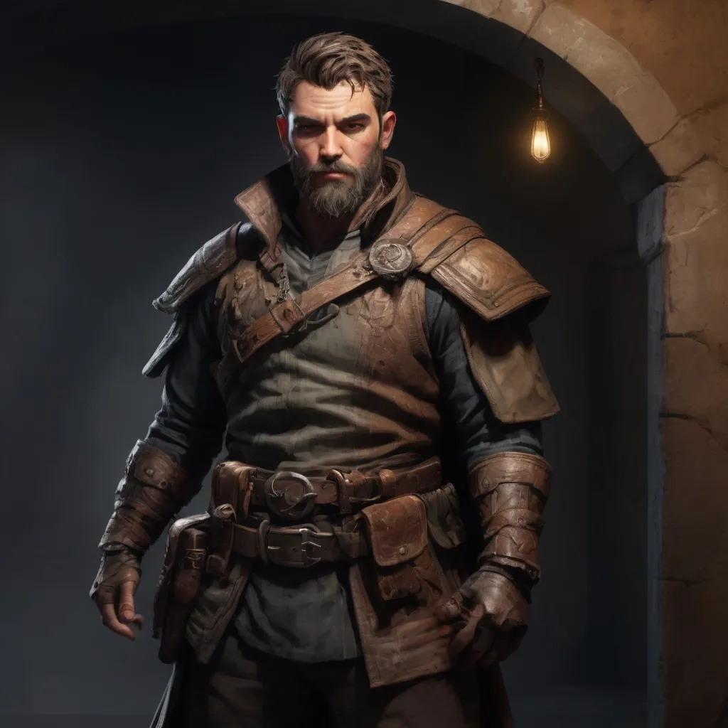 Prompt: Male stocky large beefy rogue with short-cut hair and beard, exploring a dark trasure room, pathfinder, d&d setting, realistic, enhanced shadow quality