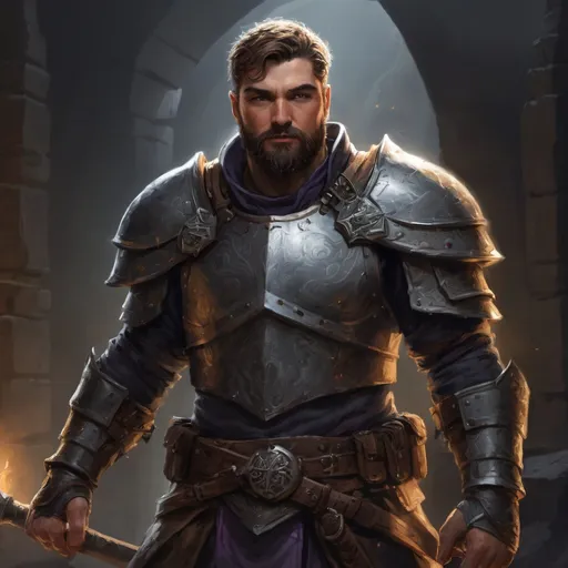 Prompt: Male stocky hairy paladin, with short hair and beard, exploring a dark dungeon, pathfinder, d&d setting, in a realistic high quality digital art style, enhanced shadow quality, colorful