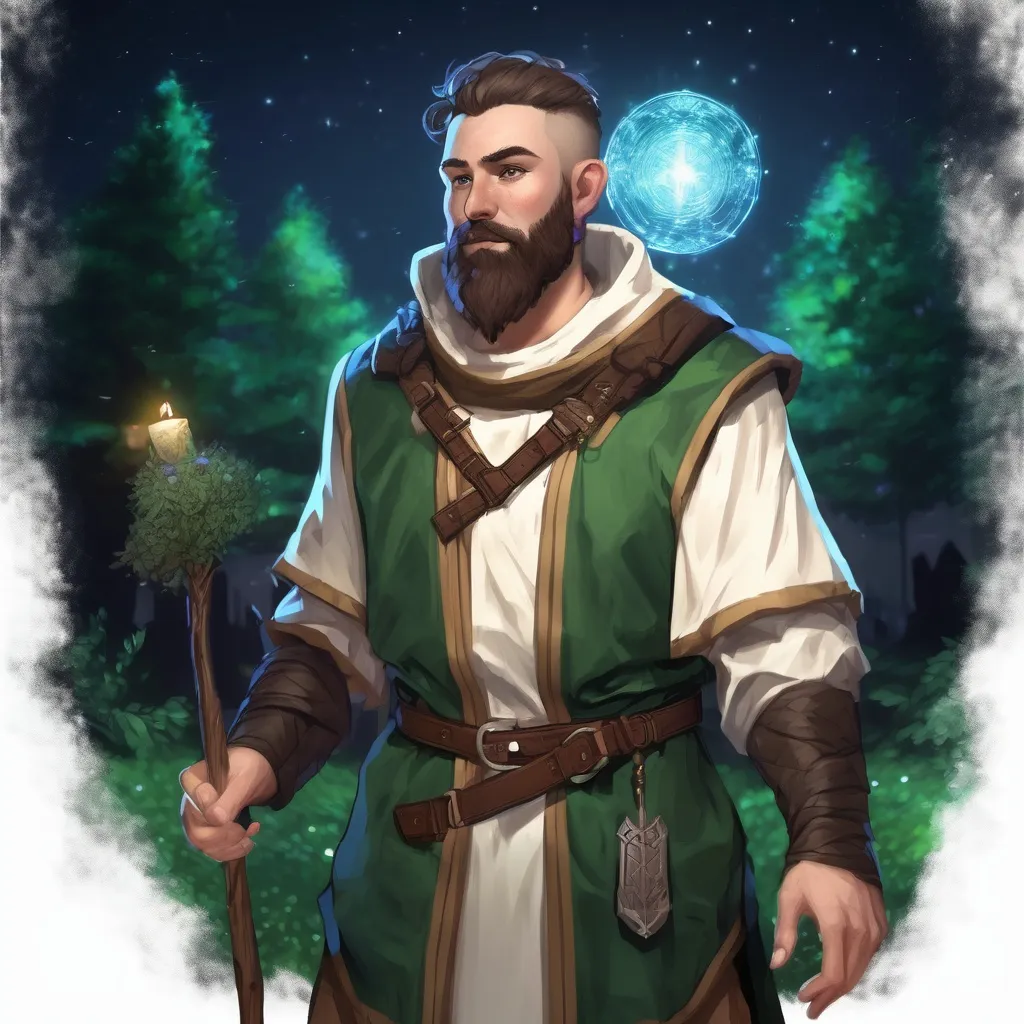 Prompt: (Full body) male magical stocky cleric with short hair and beard, in nature at night, pathfinder, d&d setting, in a realistic digital art style