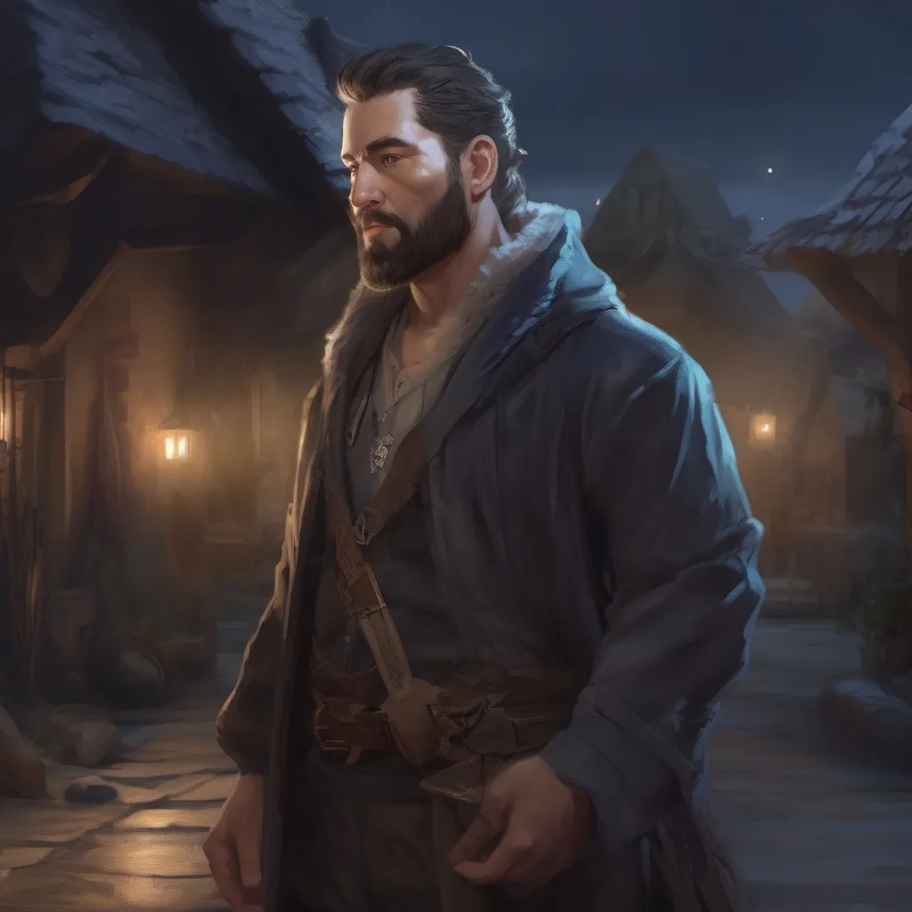 Prompt: (Full body) male manly stocky noble magical sorcerer with dark short-cut hair and beard, outside of a small village at night, pathfinder, d&d setting, in a realistic digital art style